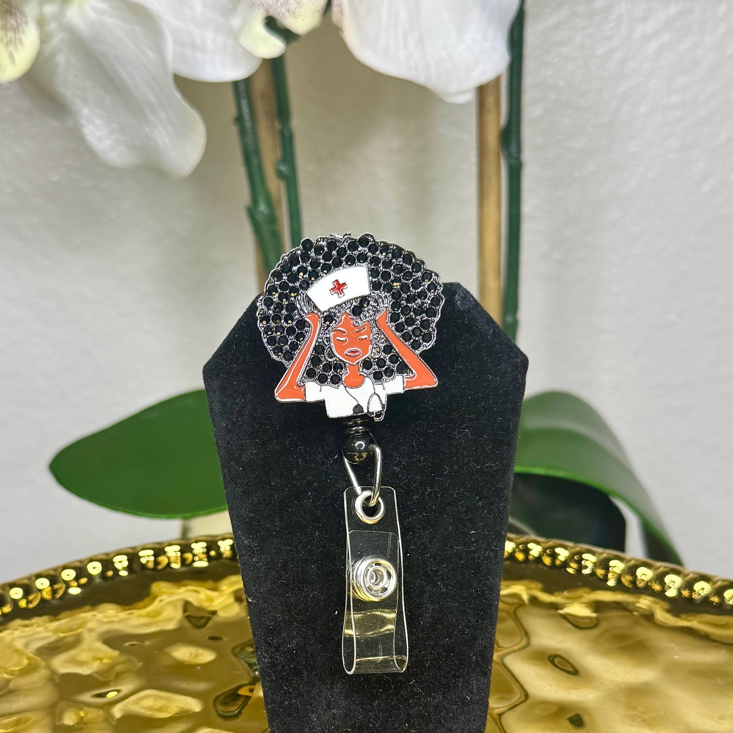 Afro Bling Nurse Badge Reel