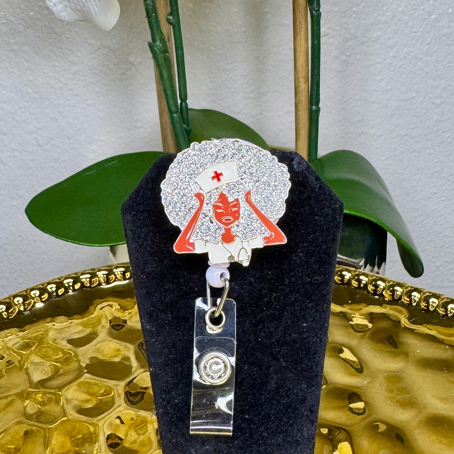 Afro Bling Nurse Badge Reel