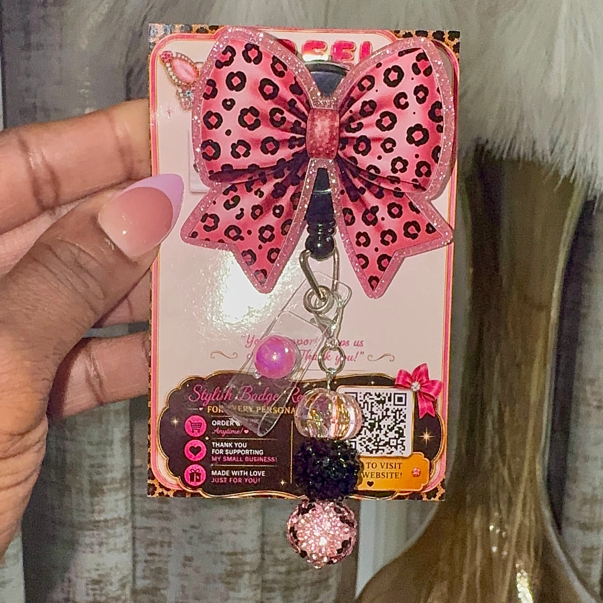 Pretty in Pink Leopard Bow Badge Reel
