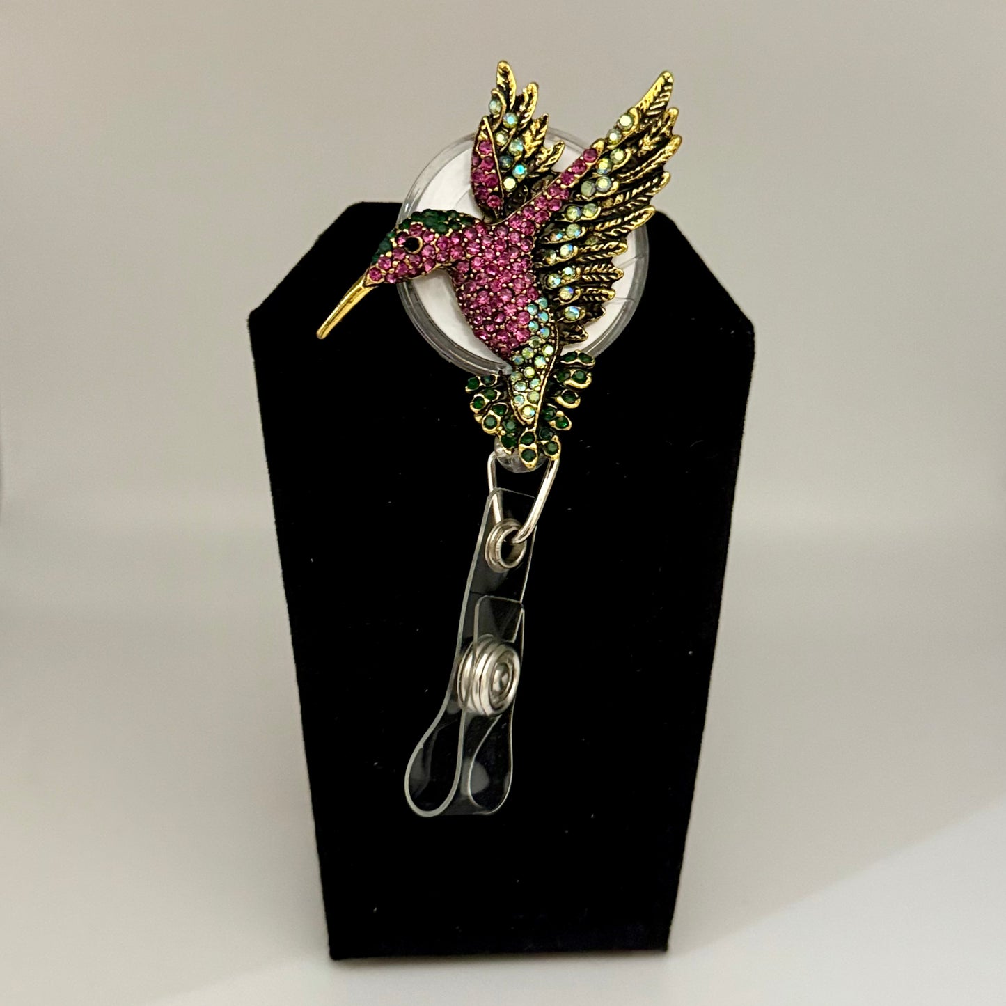 Rhinestone Hummingbird Badge Reel