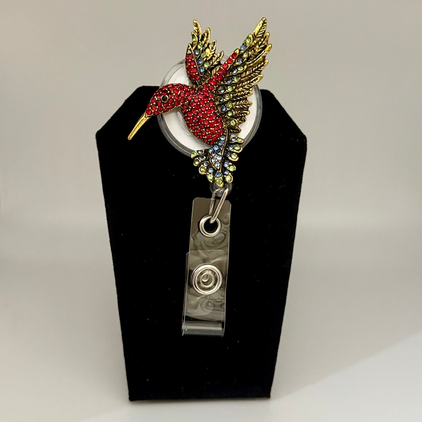 Rhinestone Hummingbird Badge Reel