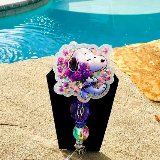 Snoopy with Flowers Badge Reel