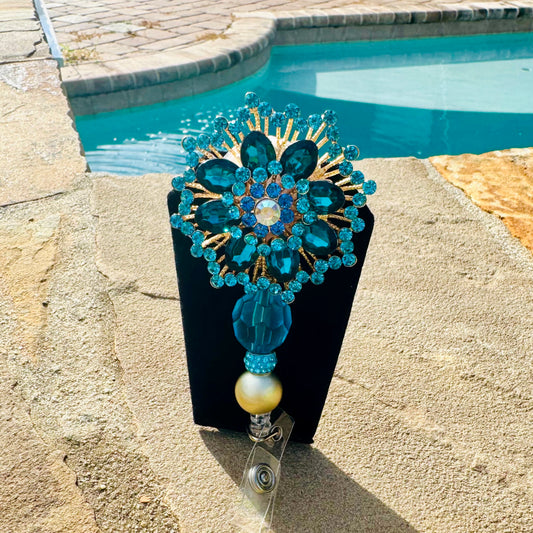 Blue Jewel Flower Badge Reel