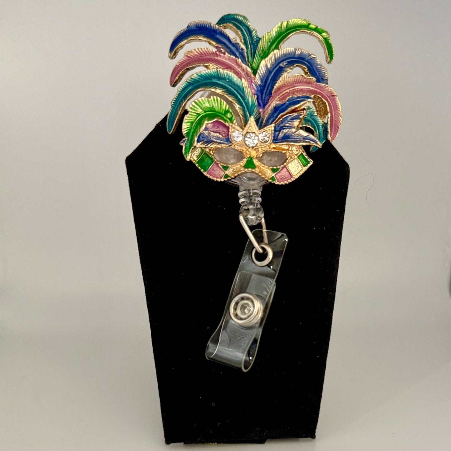 Feathered Mardi Gras Mask Badge Reel