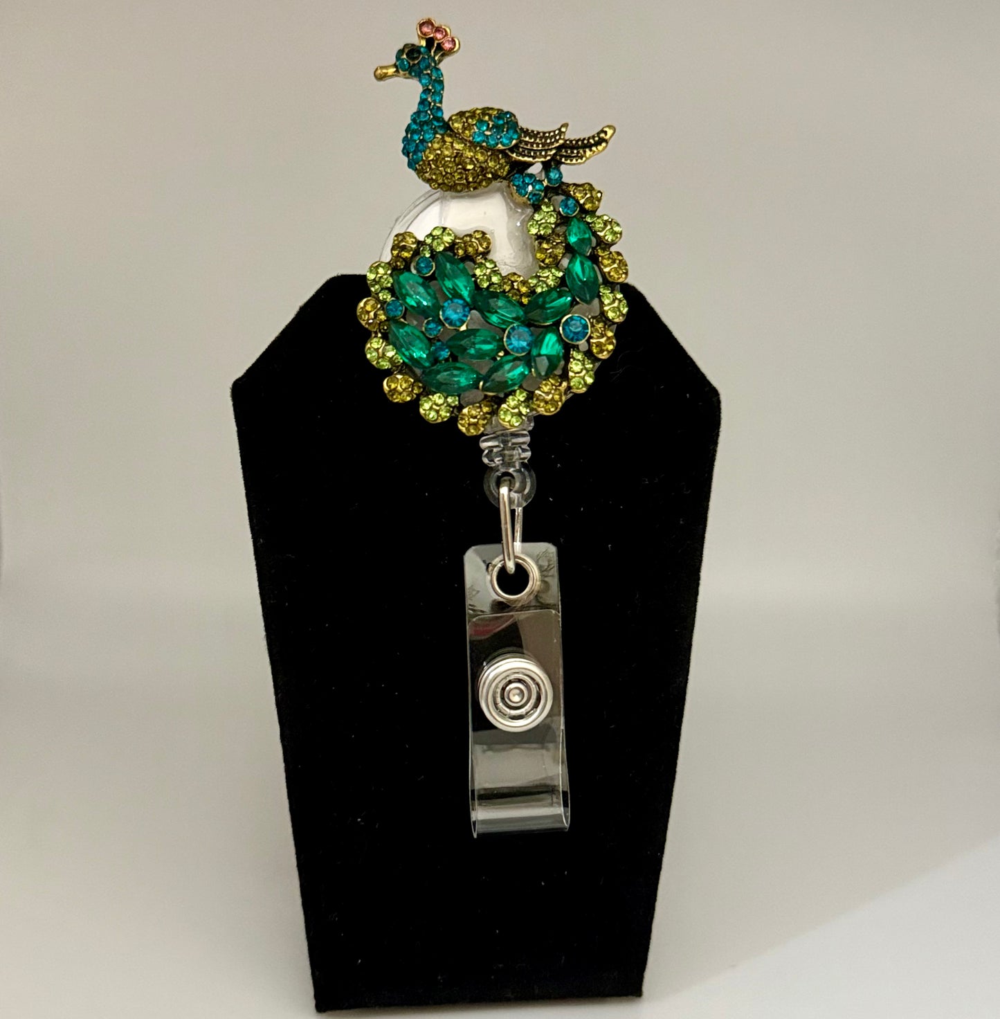 Rhinestone Peacock Badge Reel