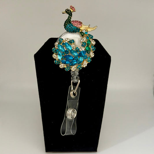 Rhinestone Peacock Badge Reel